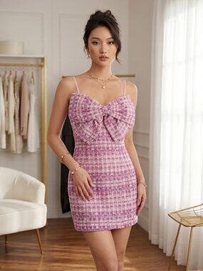 Windsor Sweet Elegance Pink Magenta Tweed Bow Mini Party Dress Barbiecore - S